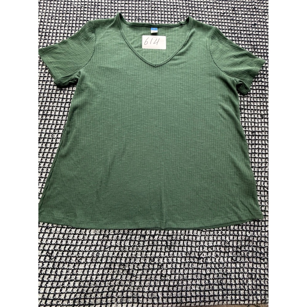 Old Navy Luxe V-Neck Top Womens Medium Green Ribbed Short Sleeve